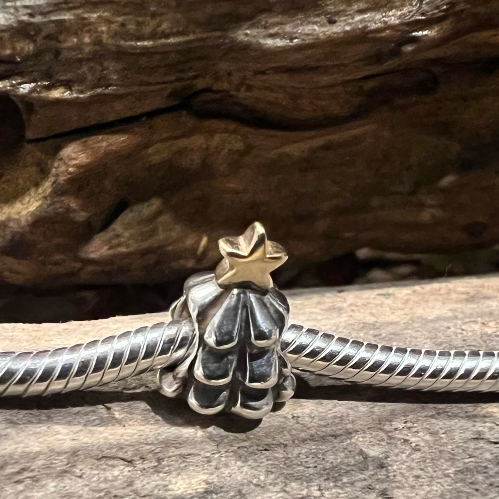 Authentic Pandora Charm Christmas Tree Bead Sterling Silver 14K Gold Two Tone